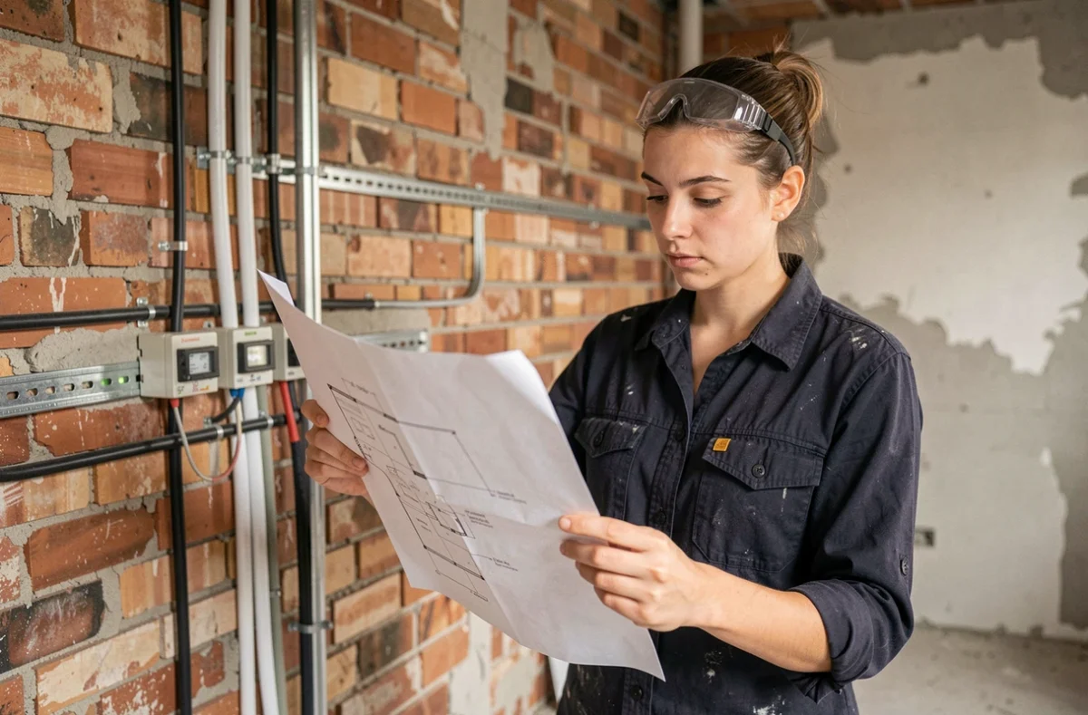 Électricienne comparant un plan architectural aux installations électriques dans un chantier résidentiel
