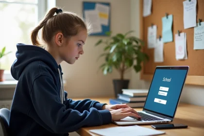Élève connectée au portail ENC OZE 92 sur un ordinateur portable depuis sa chambre