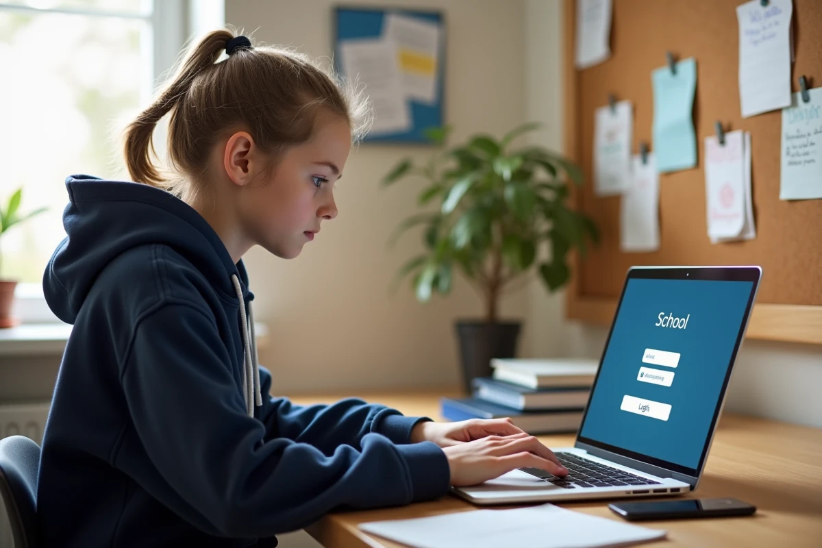 Élève connectée au portail ENC OZE 92 sur un ordinateur portable depuis sa chambre