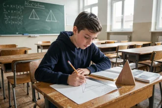 Élève de 4e qui dessine une pyramide à base triangulaire sur du papier quadrillé en cours de mathématiques