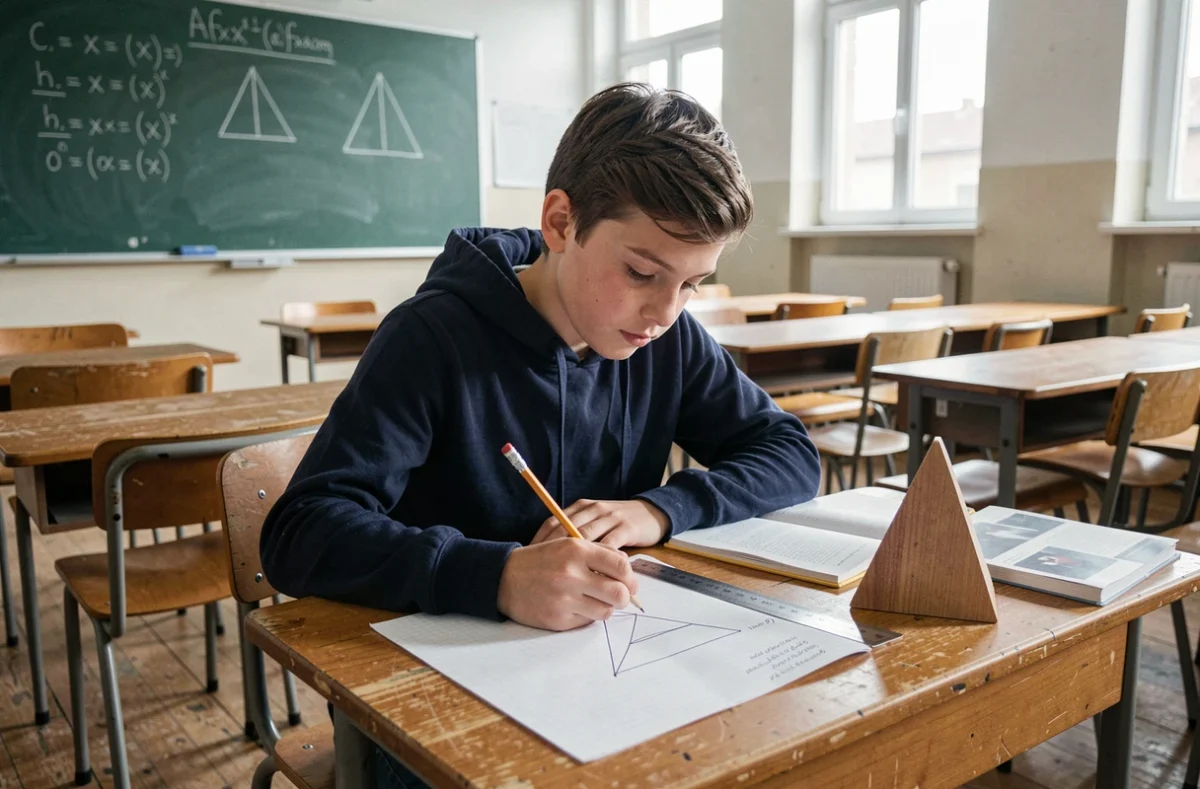 Élève de 4e qui dessine une pyramide à base triangulaire sur du papier quadrillé en cours de mathématiques