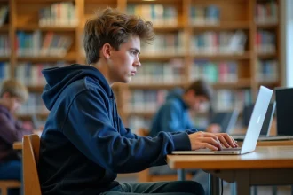 Élève de lycée cherchant l'URL officielle de Scolinfo sur un ordinateur portable dans une bibliothèque scolaire