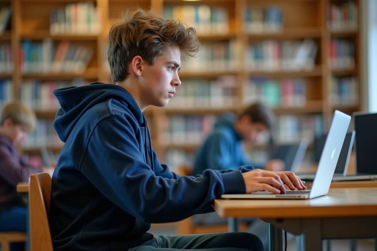 Élève de lycée cherchant l'URL officielle de Scolinfo sur un ordinateur portable dans une bibliothèque scolaire
