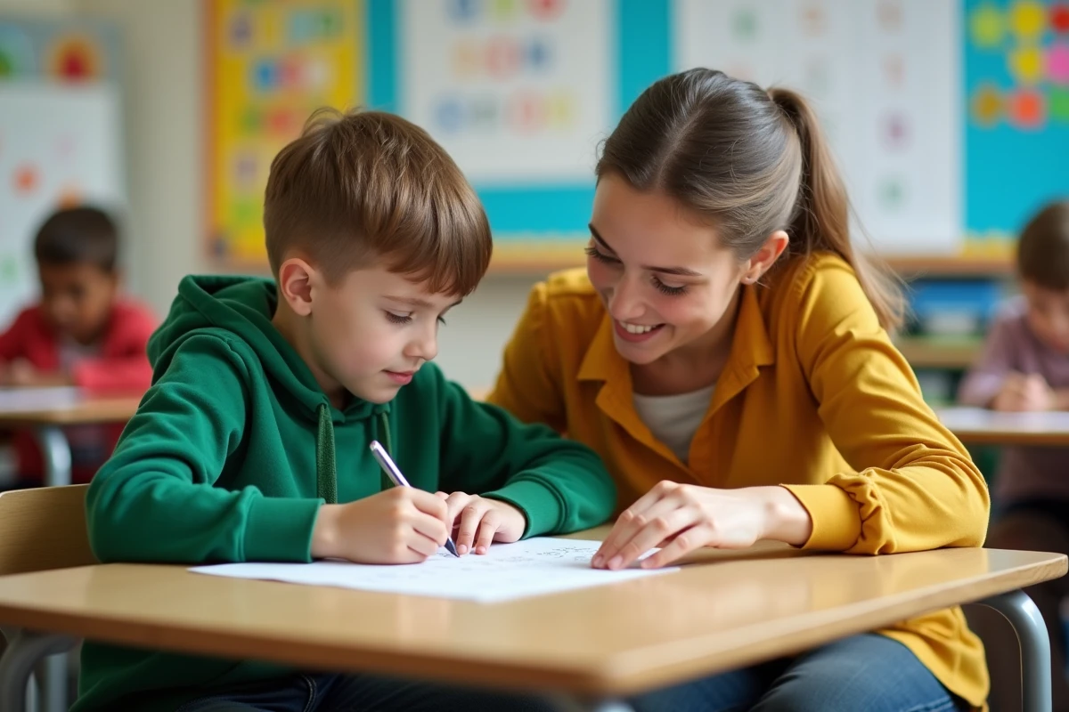 Un élève en dispositif ULIS travaille avec son accompagnante spécialisée sur un exercice adapté en petite classe
