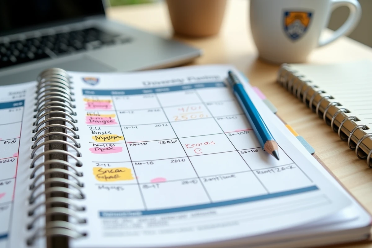 Emploi du temps universitaire imprimé et annoté posé sur un bureau étudiant avec agenda et stylo
