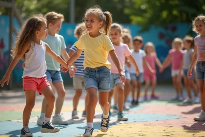 Groupe d'enfants dansant le sirtaki dans la cour d'&eacute;cole
