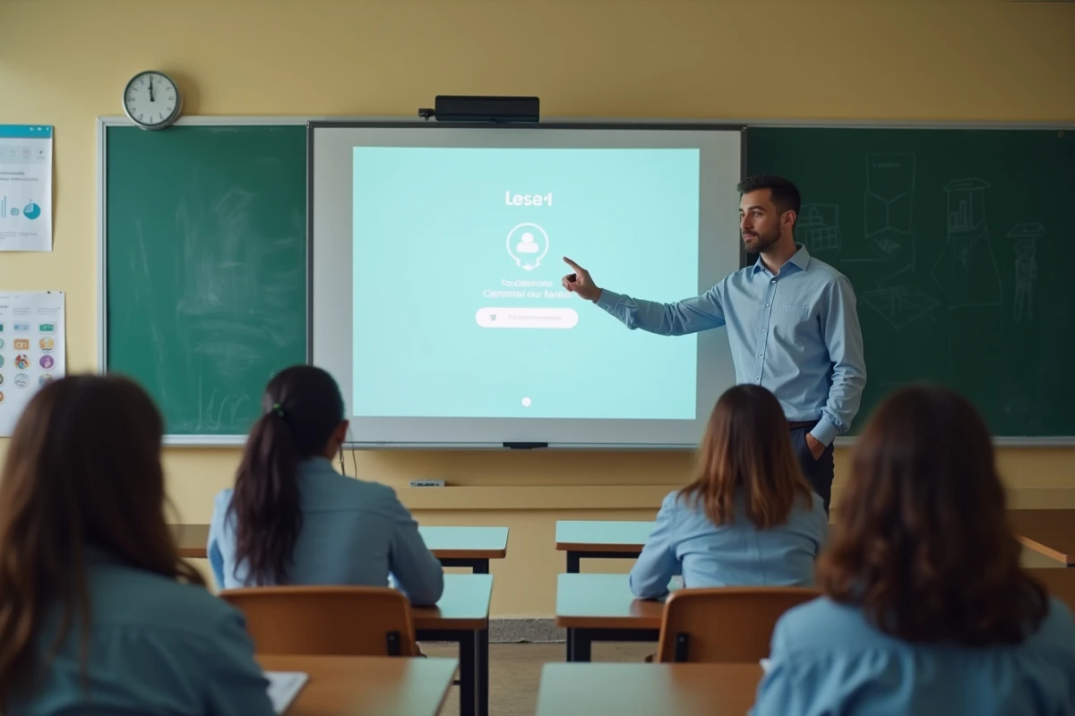 Enseignant présentant les étapes de connexion OZE 92 sur un tableau interactif en classe