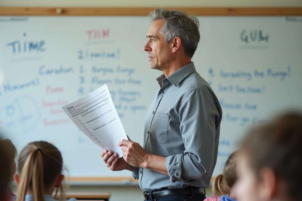 Enseignant analysant une grille d'évaluation Fluence devant un tableau blanc en classe