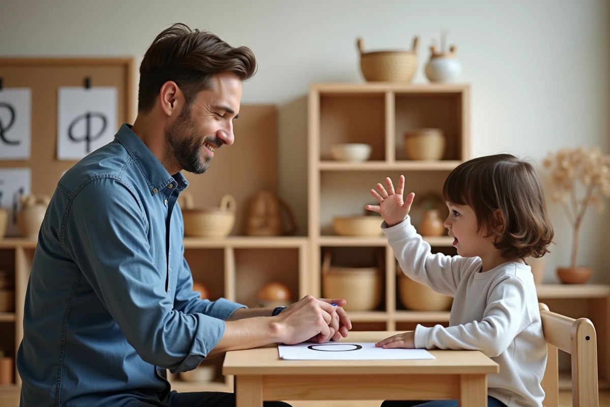 Enseignant Montessori guidant un élève dans le geste cursif de la lettre Q majuscule attachée en classe