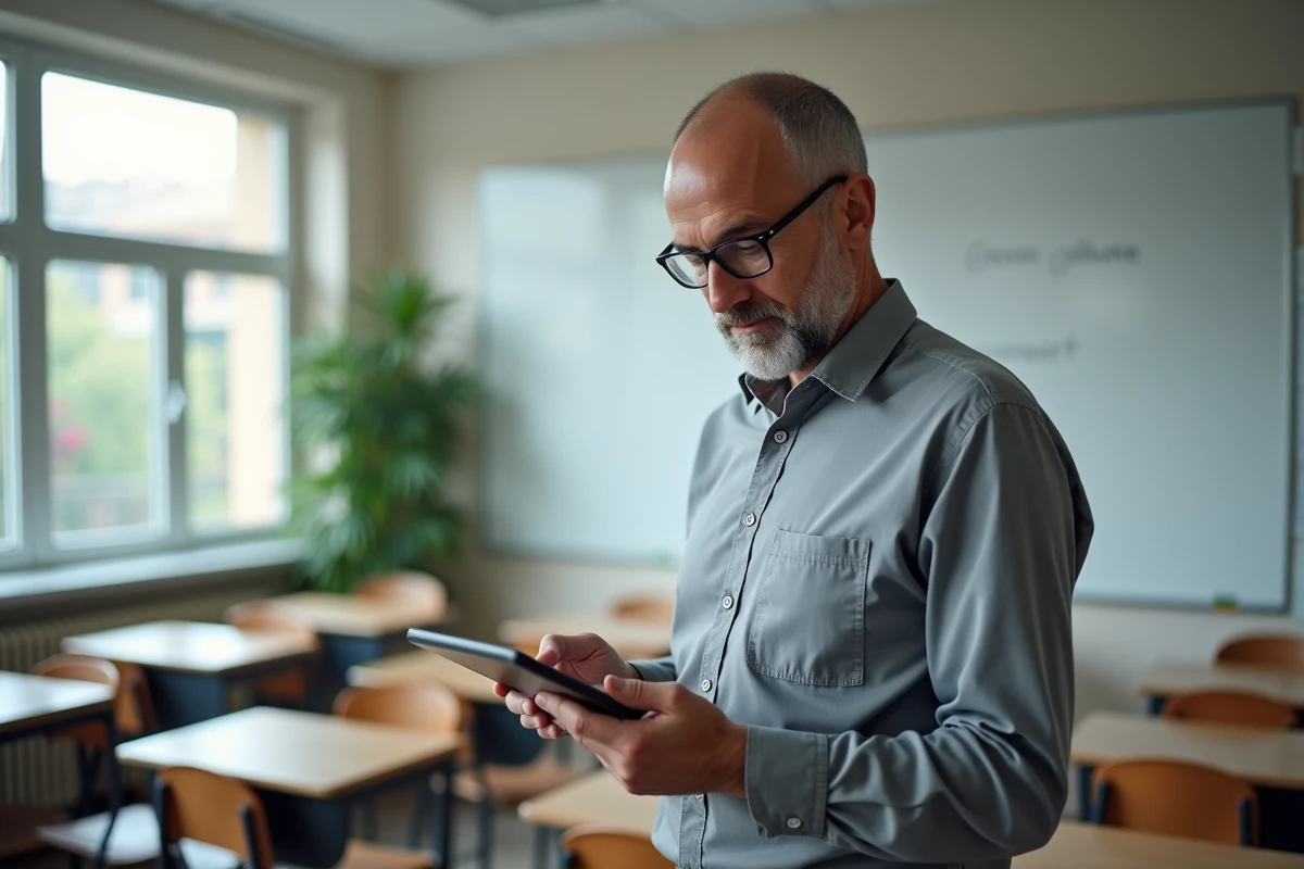 Enseignant utilisant une tablette en classe pour retrouver l'adresse officielle du site Scolinfo