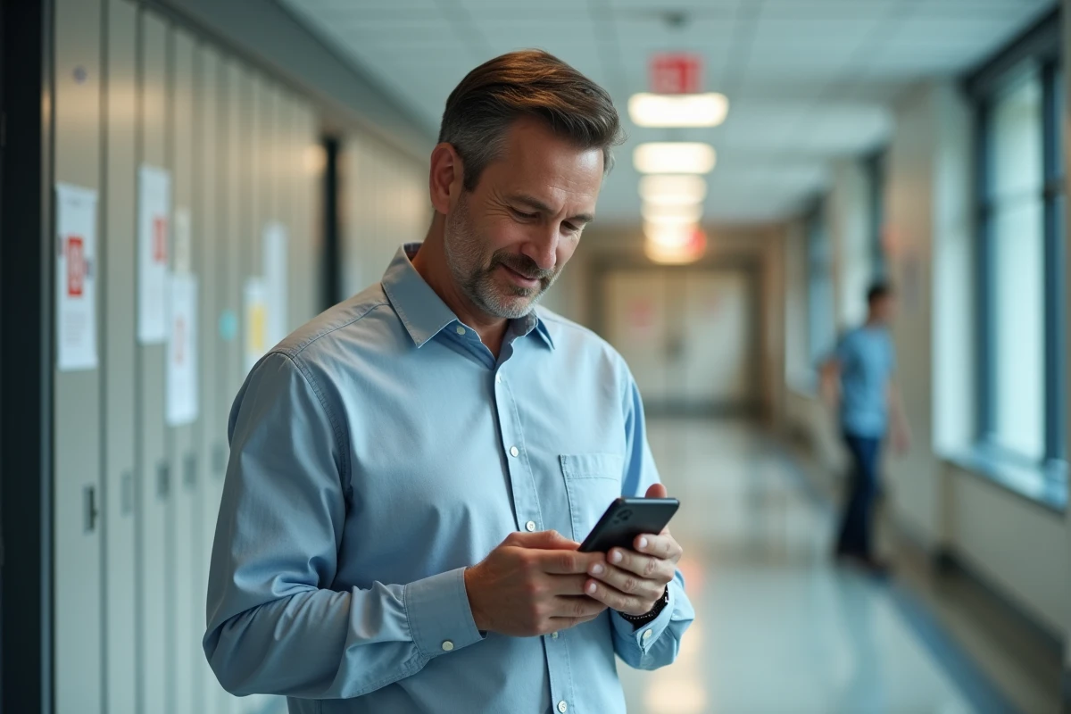 Enseignant universitaire utilisant un smartphone dans un couloir