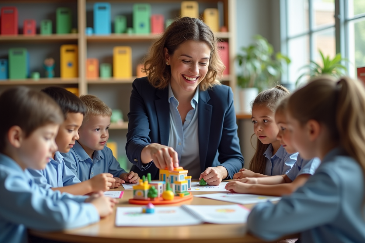 Enseignante guidant des enfants en classe dynamique