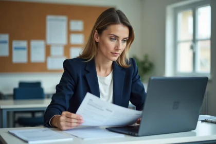 Enseignante consultant des documents administratifs académiques sur ordinateur portable dans une salle des professeurs d'un lycée français