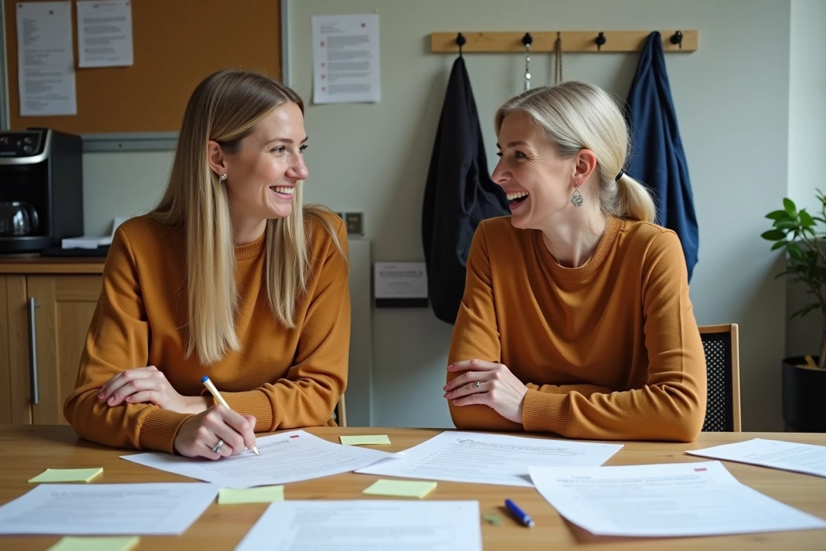 Deux enseignantes collaborant autour de textes Fluence dans une salle des professeurs