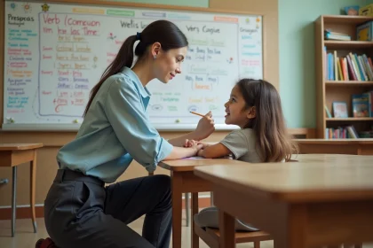 Enseignante expliquant la conjugaison du verbe SER à un élève devant un tableau de conjugaison coloré en classe