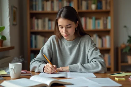 Jeune femme qui s'entraîne au TOEIC avec des fiches d'exercices sur un bureau en bois dans un espace de travail à domicile