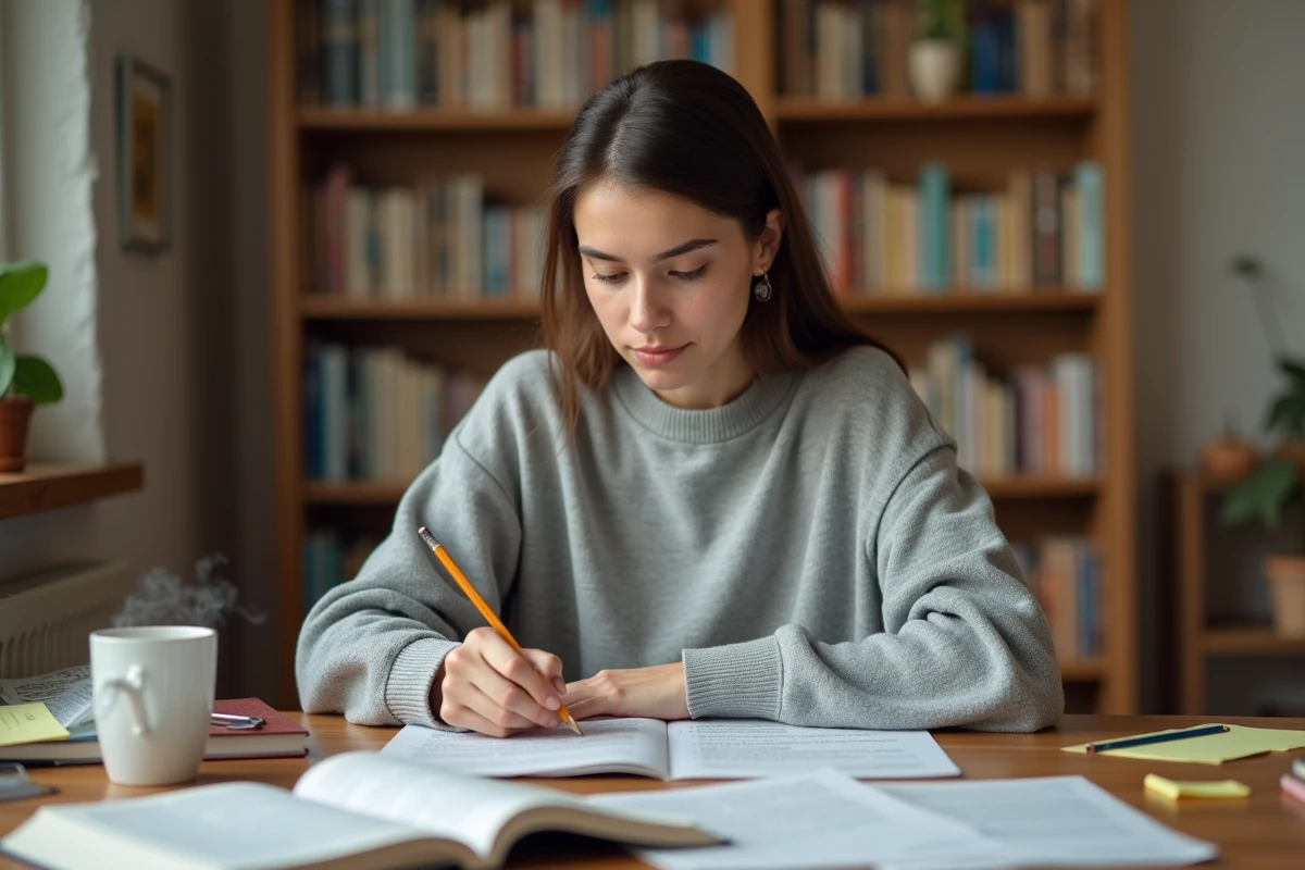 Jeune femme qui s'entraîne au TOEIC avec des fiches d'exercices sur un bureau en bois dans un espace de travail à domicile