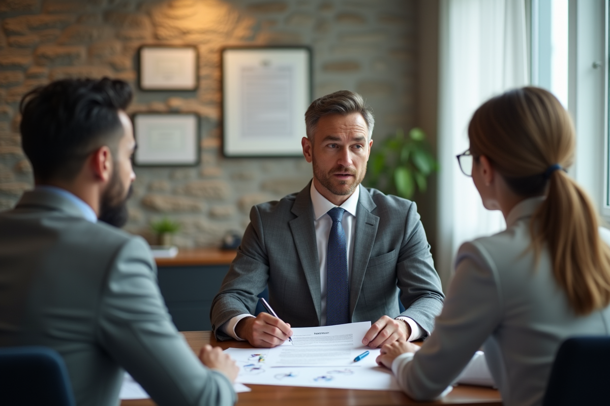 Homme en costume gris discute de son CV avec un recruteur dans un bureau