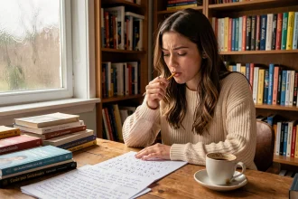 Jeune femme étudiant la conjugaison espagnole à son bureau avec des notes de grammaire et des livres de langue