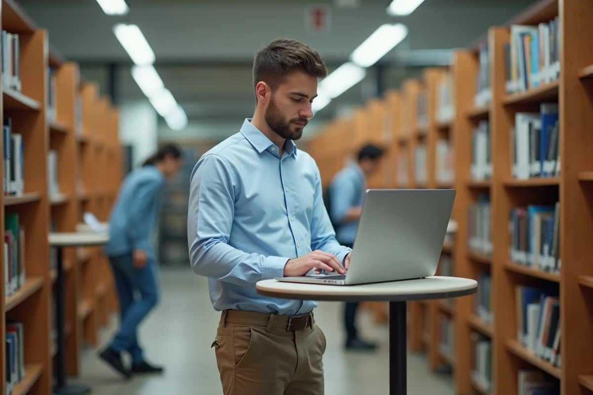 Étudiant masculin en train de se connecter à l'espace numérique Univ Angers dans une bibliothèque universitaire