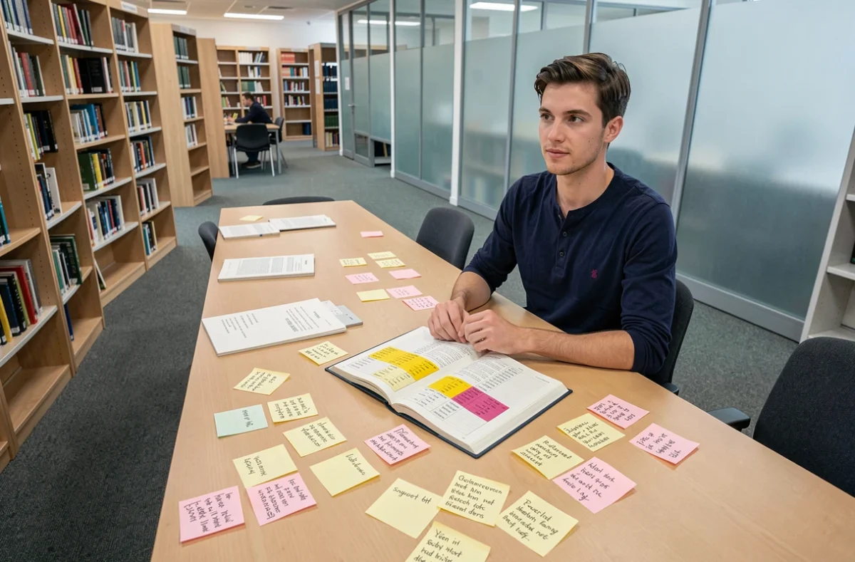 Étudiant consultant un manuel de grammaire allemande avec des tableaux de déclinaison surlignés en bibliothèque