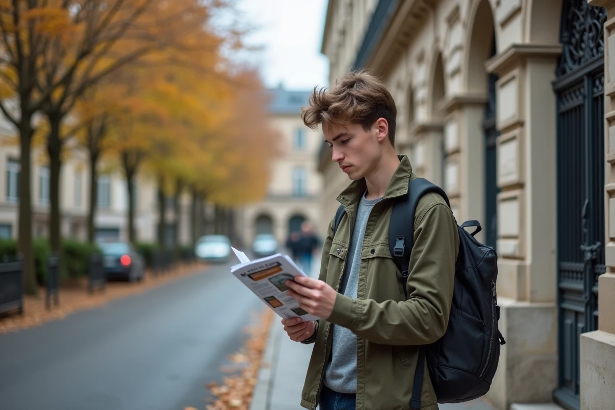 Étudiant consultant une brochure de prépa ECE devant un lycée en province