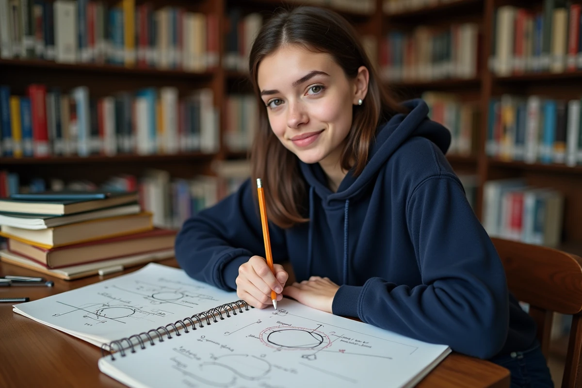 Étudiante annotant des démonstrations géométriques de formules trigonométriques dans un cahier de mathématiques en bibliothèque