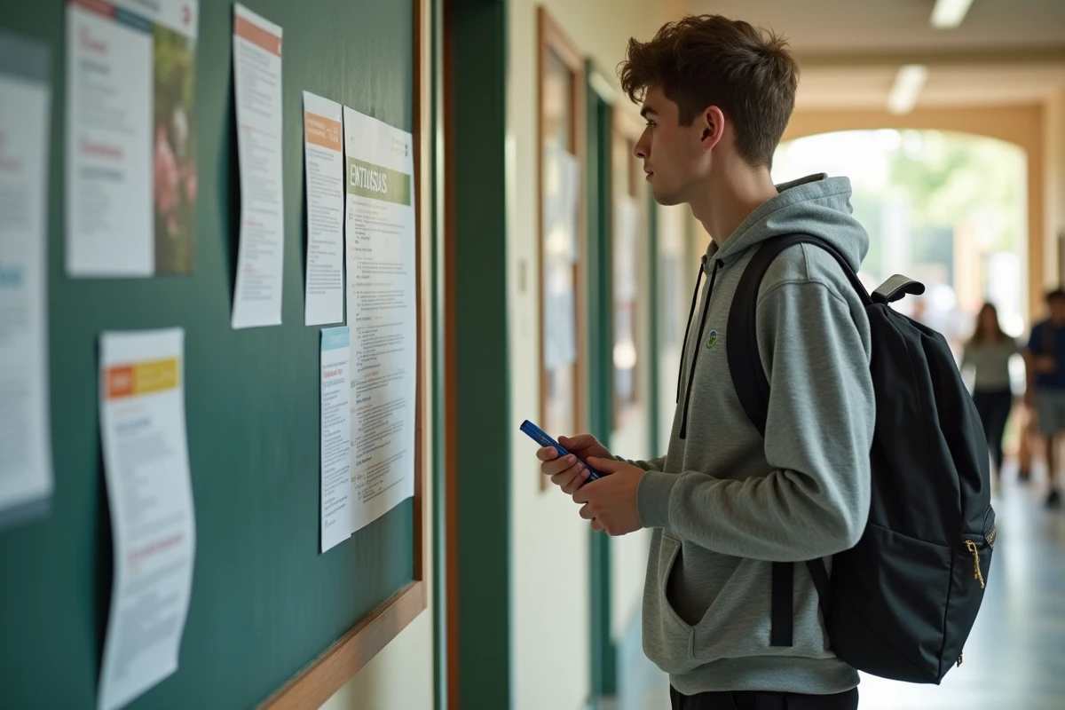 Étudiant en L1 consultant le tableau d'affichage universitaire pour trouver les horaires et informations sur le dispositif ENTASSAS à la rentrée
