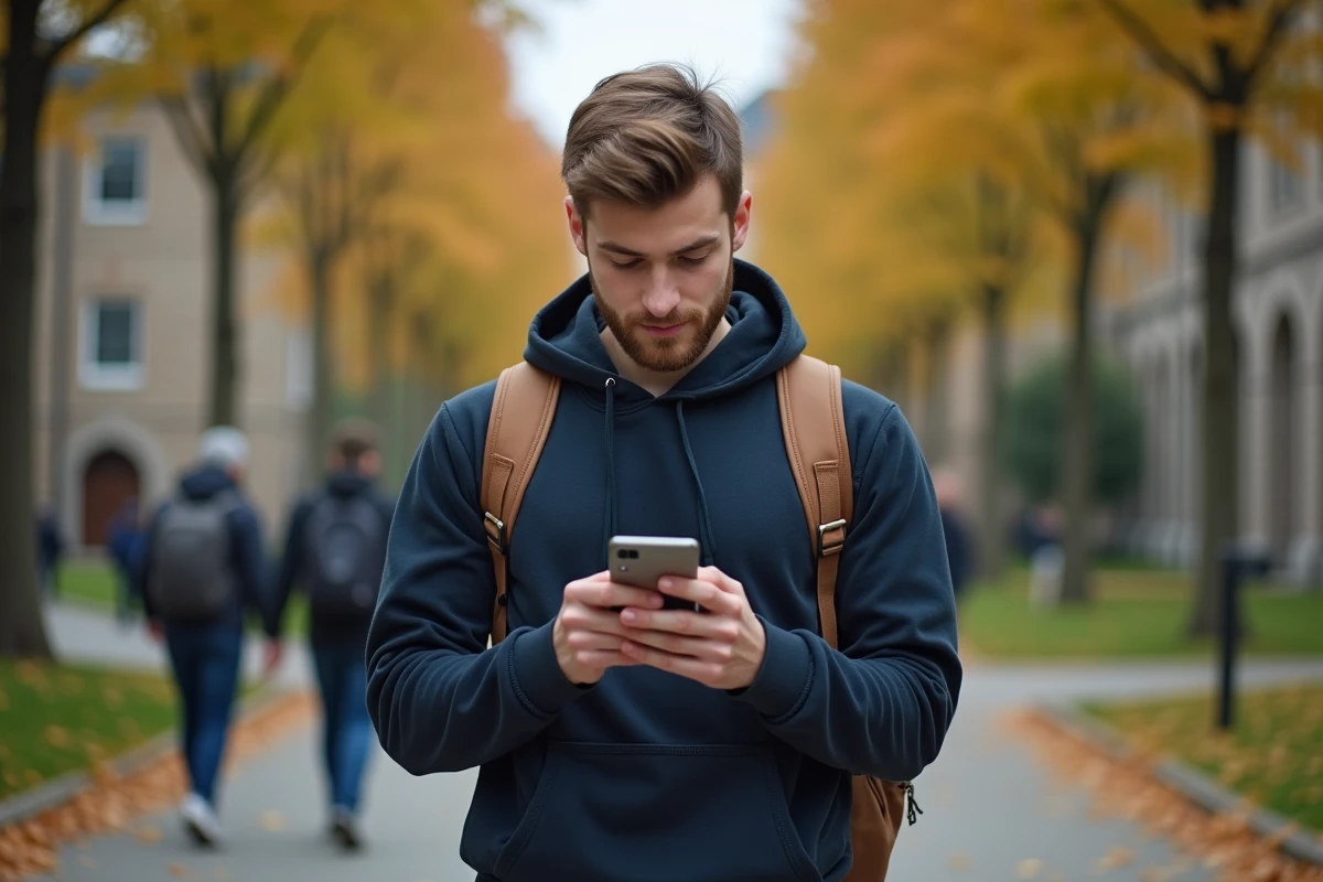 &Eacute;tudiant masculin acc&eacute;dant &agrave; la plateforme Moodle sur mobile en marchant sur le campus universitaire en automne