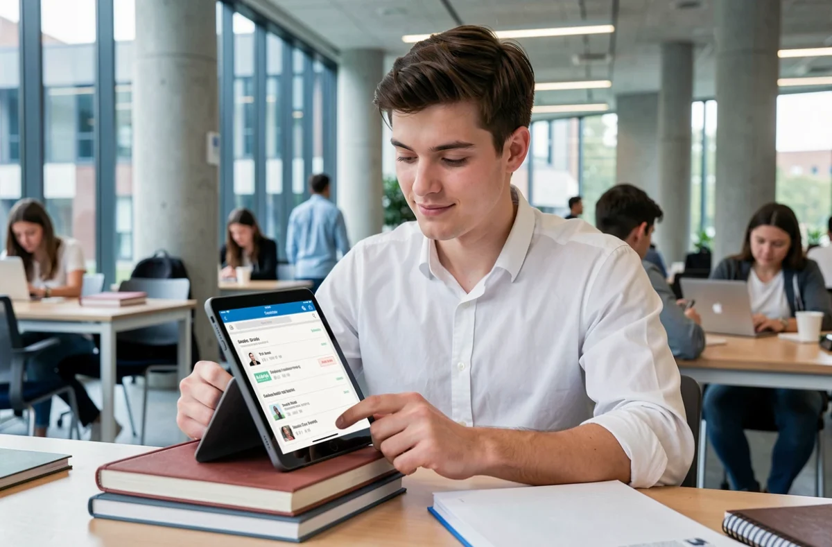 Étudiant consultant ses notes et résultats académiques sur une tablette dans l'espace commun d'une université