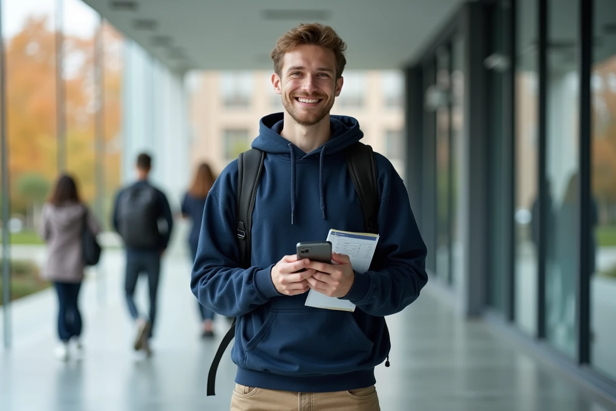 Étudiant masculin de Sciences Po Bordeaux utilisant l'ENT sur smartphone dans un couloir du campus universitaire