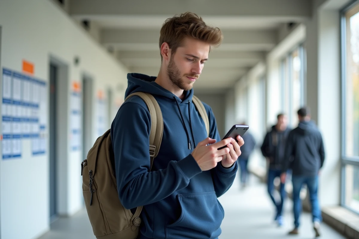 Étudiant vérifiant son emploi du temps sur smartphone dans un couloir de l'Université d'Angers