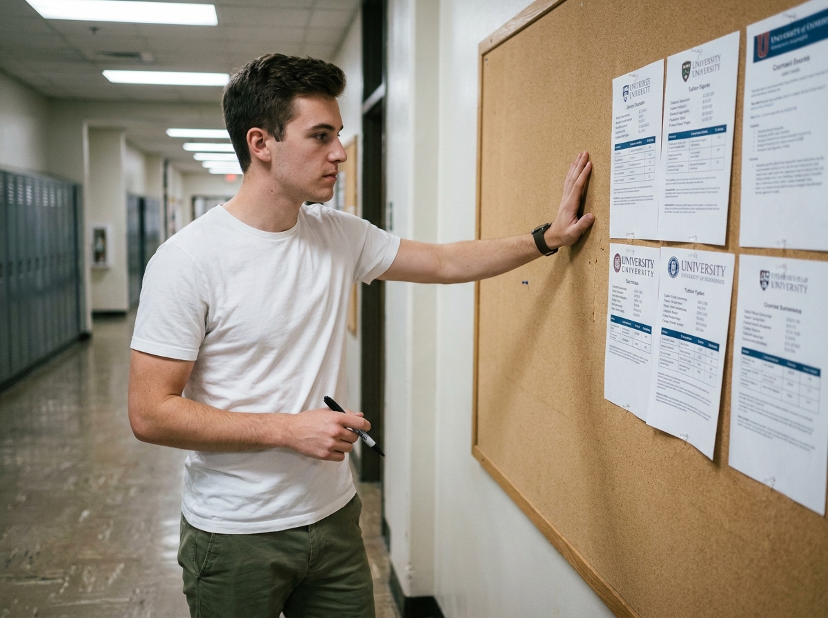 Étudiant analysant un tableau comparatif d'écoles de cinéma affiché dans un couloir scolaire
