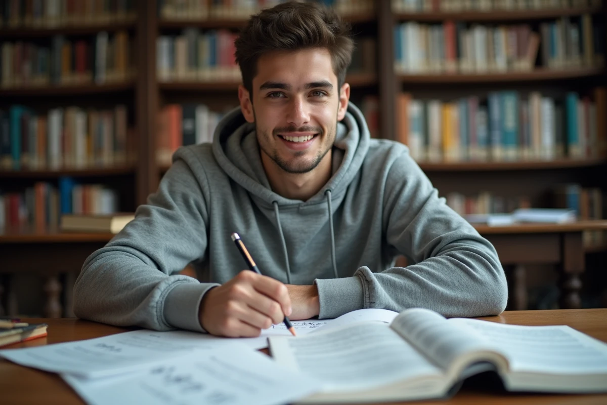 Étudiant révisant un tableau de correspondance des heures AM et PM en anglais avec l'heure française dans une bibliothèque universitaire