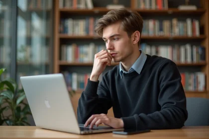 Jeune &eacute;tudiant universitaire v&eacute;rifiant son ordinateur portable