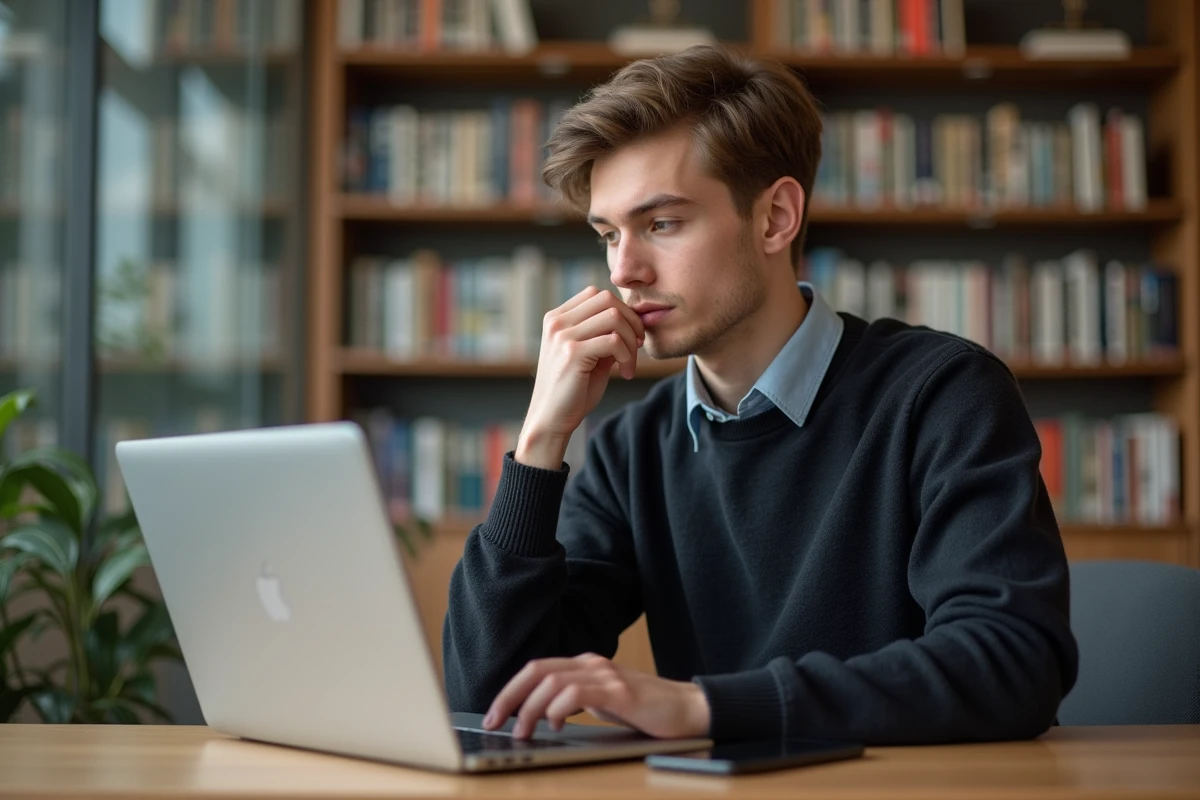 Jeune étudiant universitaire vérifiant son ordinateur portable
