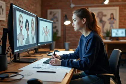 Étudiante en animation travaillant sur des esquisses de personnages dans un studio de formation spécialisé en animation