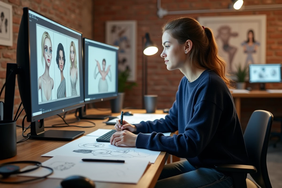Étudiante en animation travaillant sur des esquisses de personnages dans un studio de formation spécialisé en animation