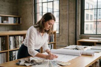 Étudiante en architecture d'intérieur travaillant sur des plans dans un studio scolaire professionnel