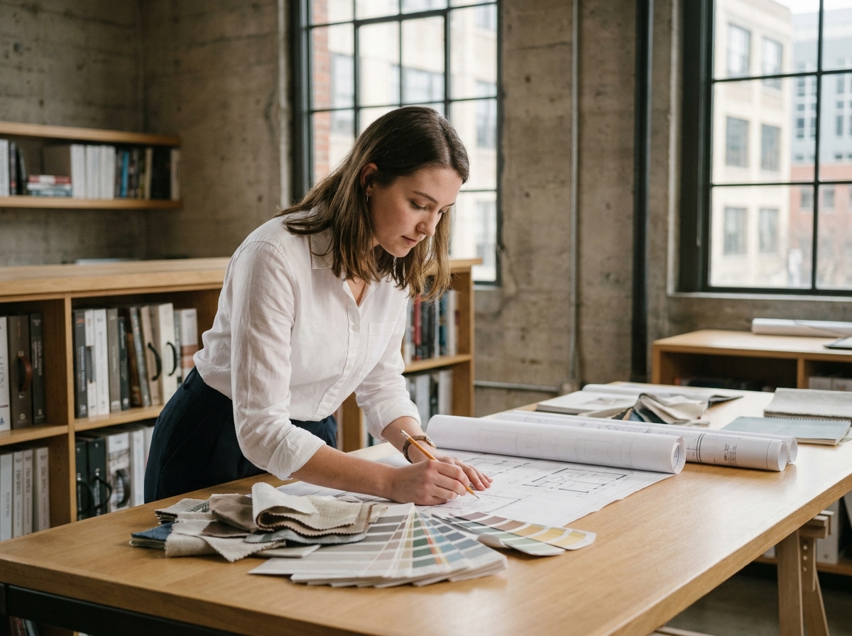 Étudiante en architecture d'intérieur travaillant sur des plans dans un studio scolaire professionnel