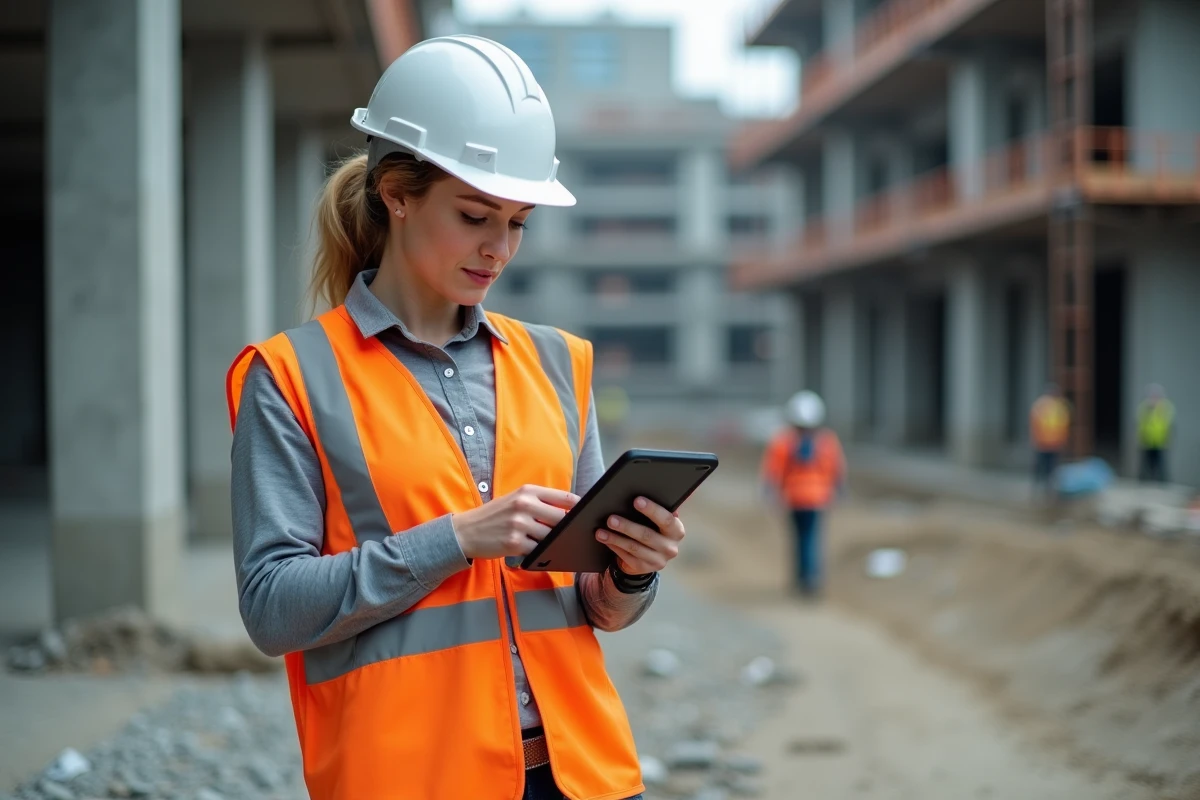 Étudiante en formation BTP sur un chantier de construction consultant une tablette numérique avec équipement de sécurité