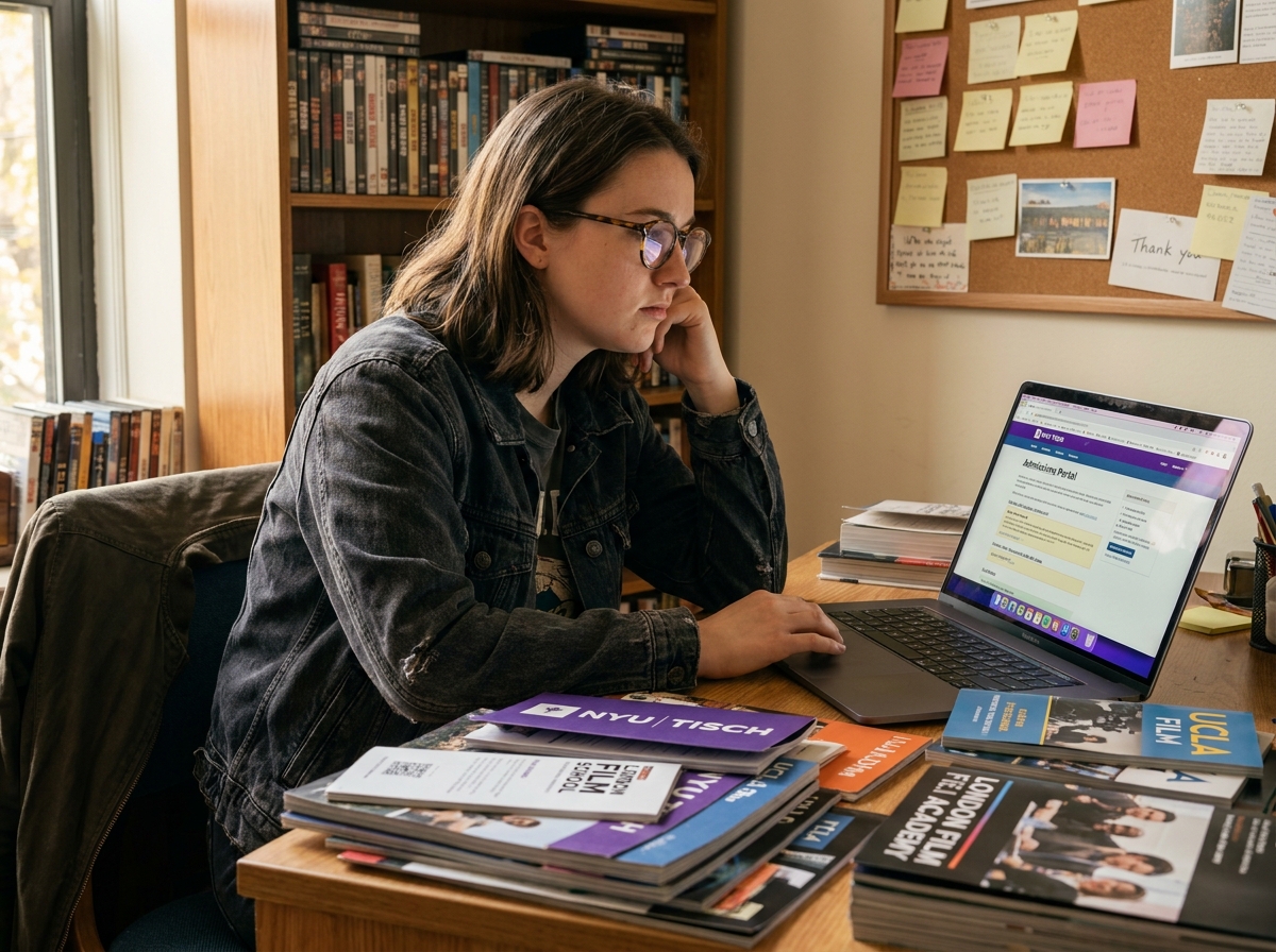 Jeune femme étudiante comparant des brochures d'écoles de cinéma sur son bureau encombré