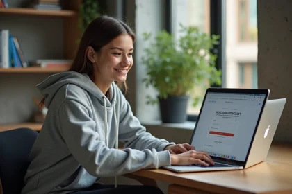 Étudiante connectée au portail Univ Angers sur son ordinateur portable dans sa chambre universitaire