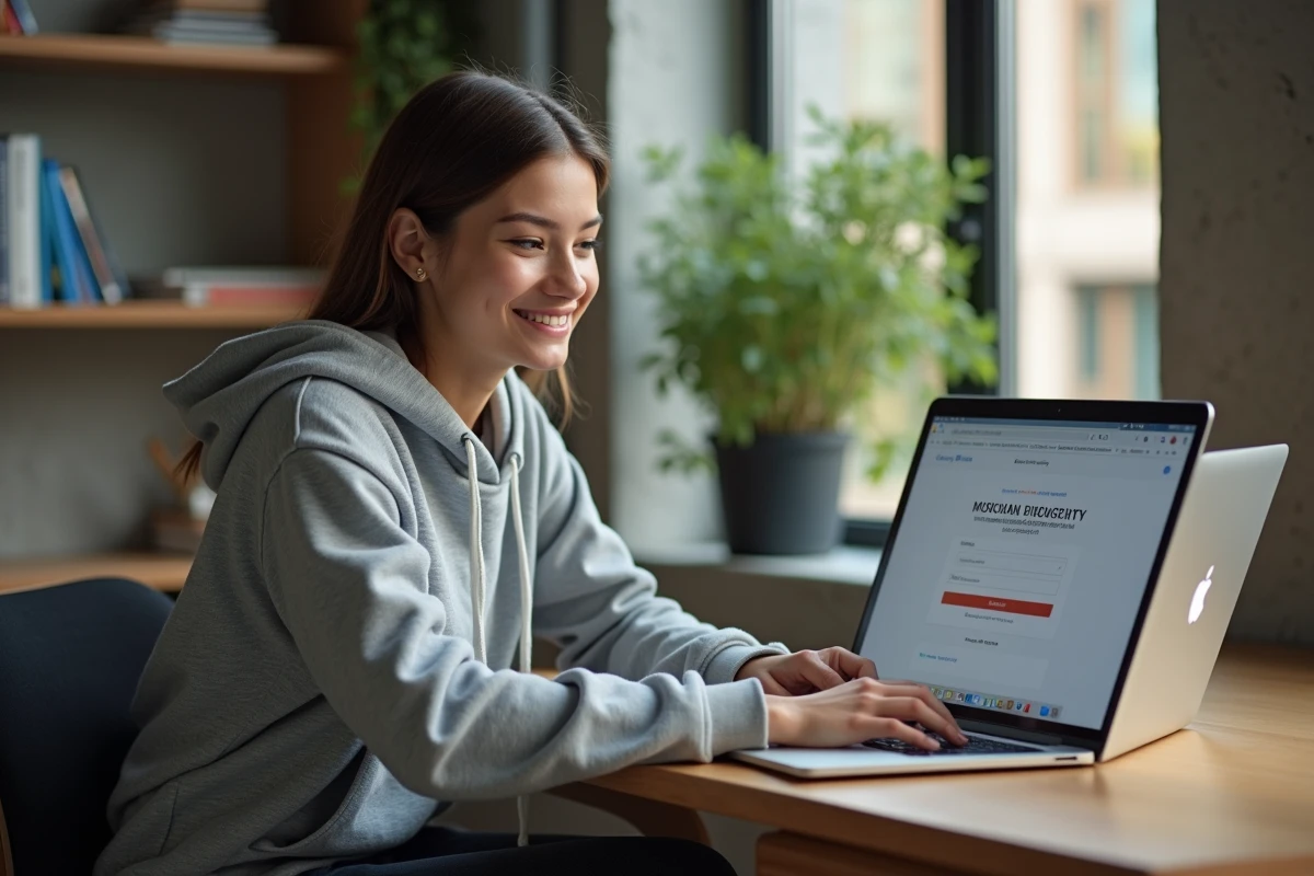Étudiante connectée au portail Univ Angers sur son ordinateur portable dans sa chambre universitaire