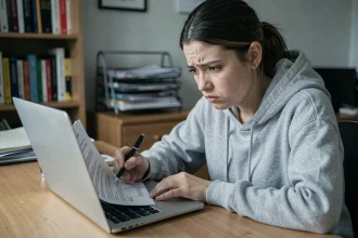 Jeune femme scrutant un contrat d'inscription scolaire avec scepticisme devant son ordinateur portable, signaux d'alerte EEMI