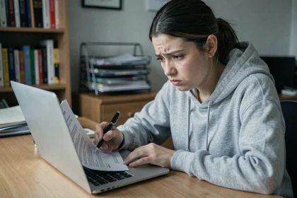 Jeune femme scrutant un contrat d'inscription scolaire avec scepticisme devant son ordinateur portable, signaux d'alerte EEMI