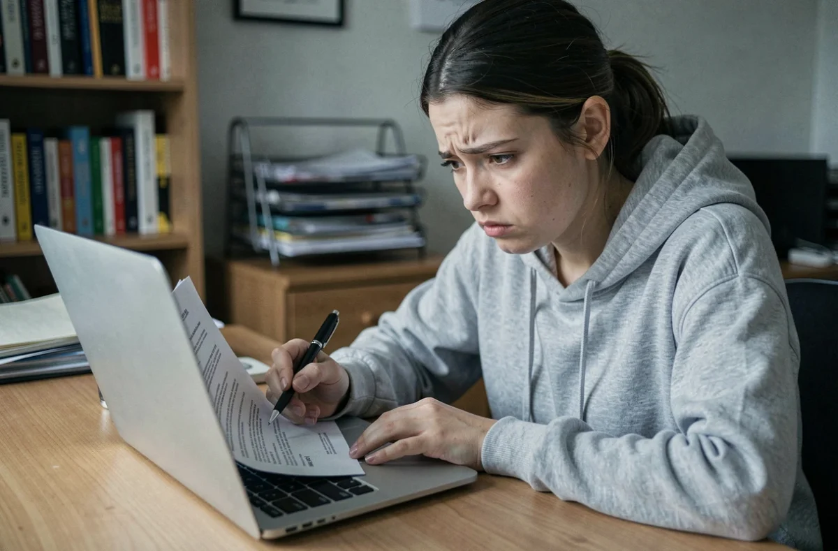 Jeune femme scrutant un contrat d'inscription scolaire avec scepticisme devant son ordinateur portable, signaux d'alerte EEMI