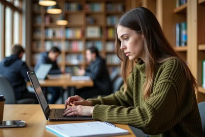 Étudiante consultant son emploi du temps universitaire sur un ordinateur portable à la bibliothèque de l'Université d'Angers