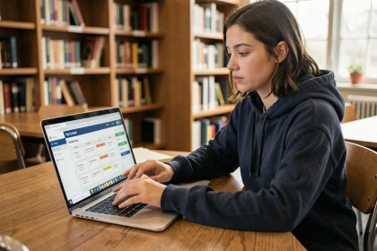 Étudiante utilisant l'ENT UDL sur son ordinateur portable dans une bibliothèque universitaire pour consulter son emploi du temps