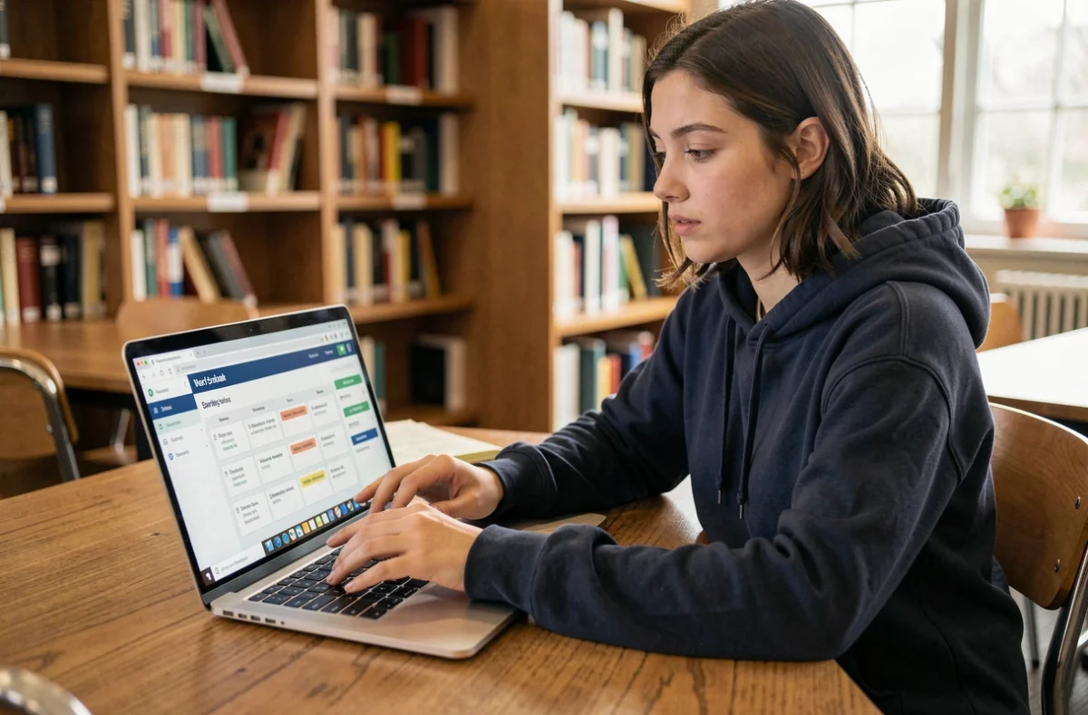 Étudiante utilisant l'ENT UDL sur son ordinateur portable dans une bibliothèque universitaire pour consulter son emploi du temps